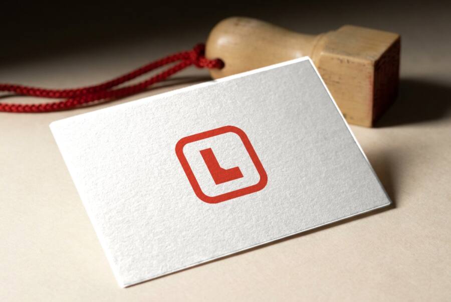 A cotton paper card printed with a red rounded square L mark next to a wooden seal