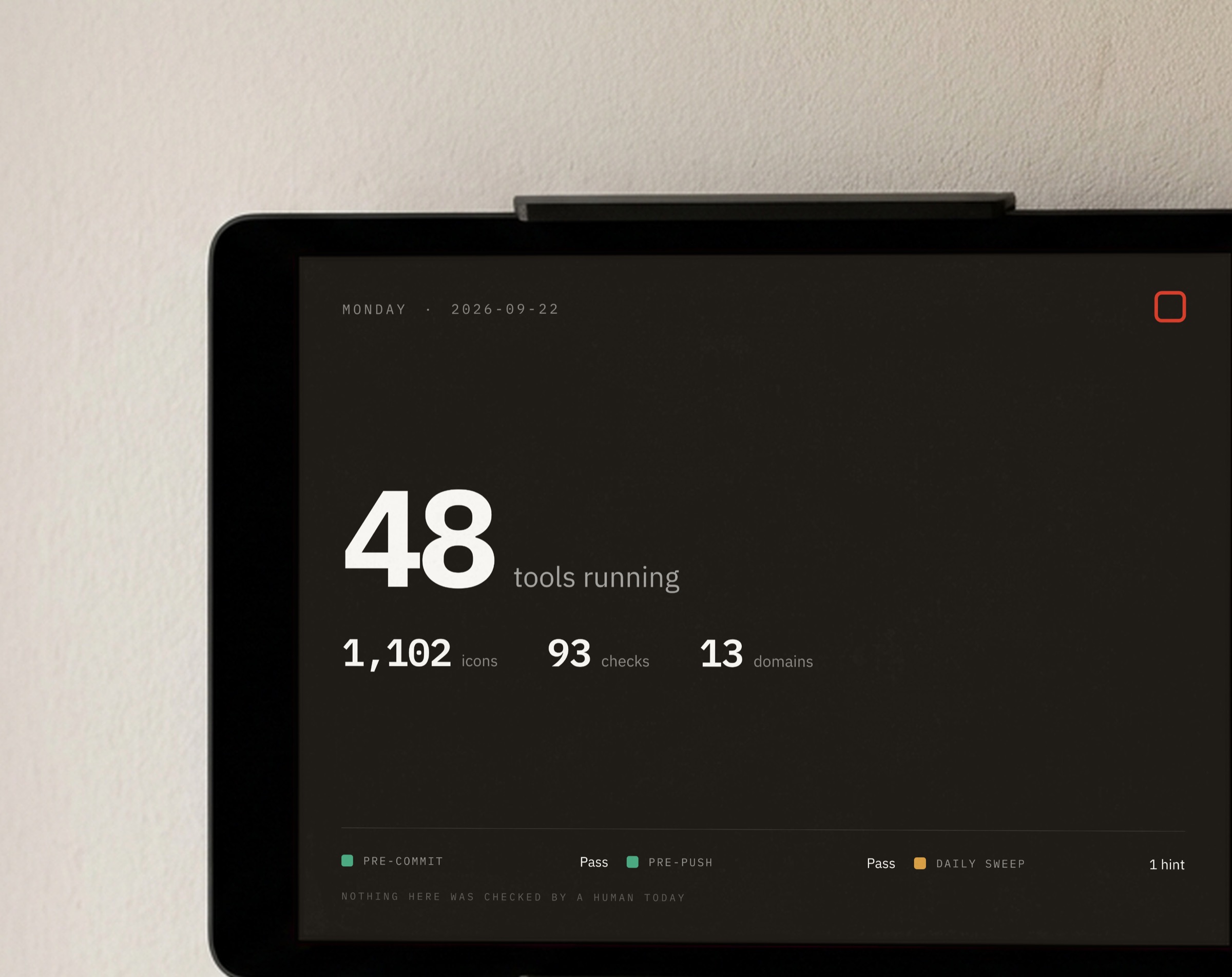 Close-up of the wall display: an oversized 48, with the icon count, number of checks and number of domains below
