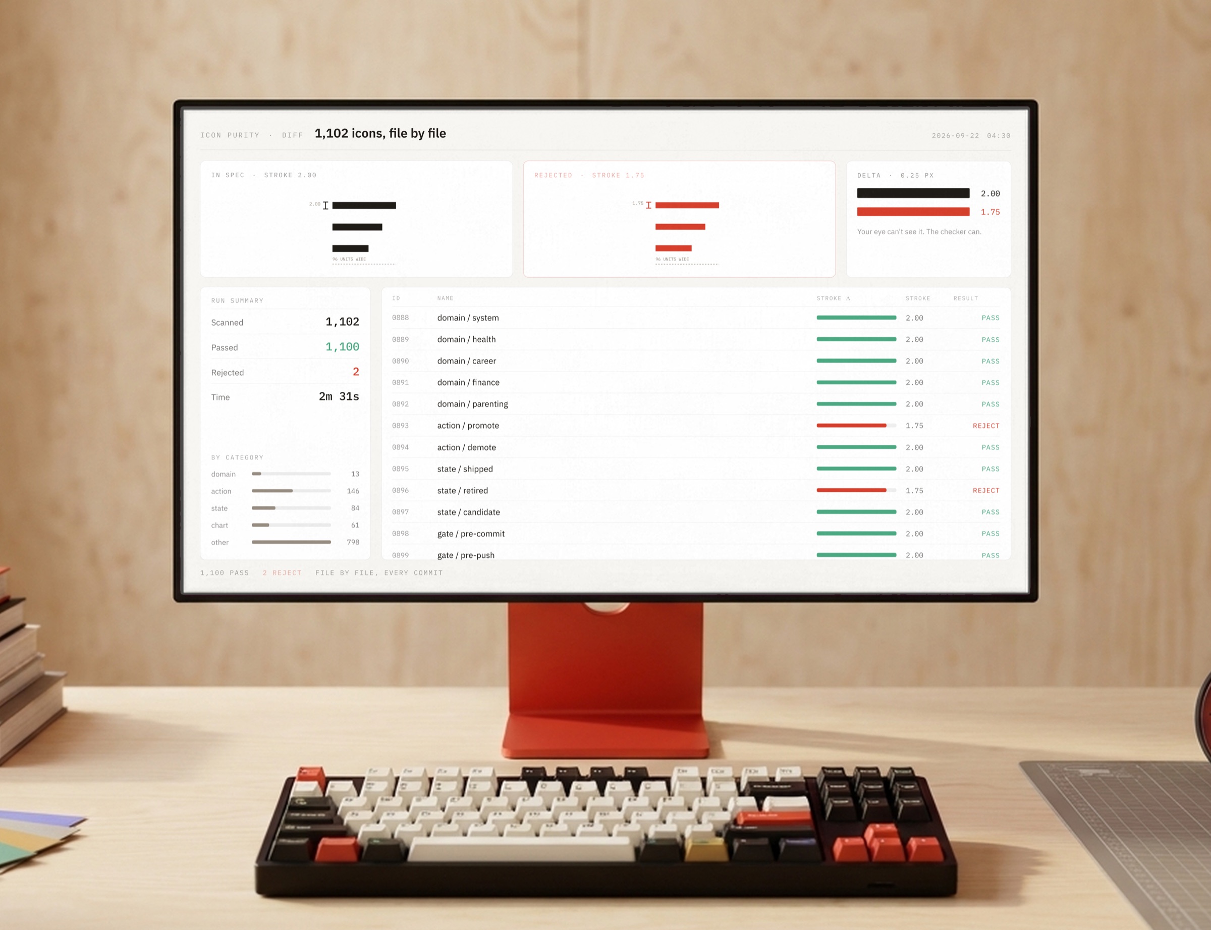 A desk monitor showing the icon purity comparison: a passing 2.00 stroke on the left, a rejected 1.75 on the right, scan stats in the left column and a file-by-file verdict list on the right. On the desk, a vermilion stand and a mechanical keyboard