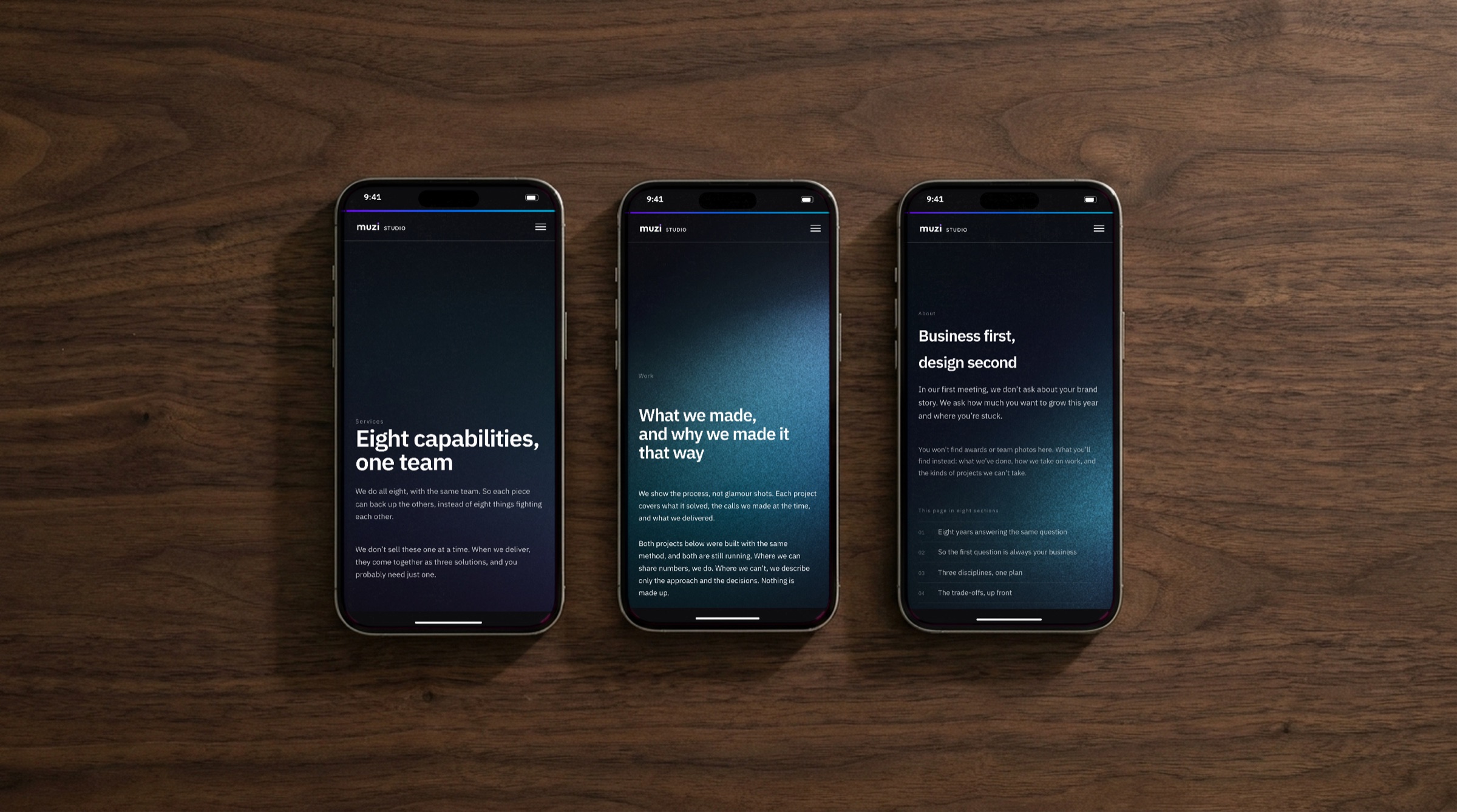 Three phone screens: Services, Work, About