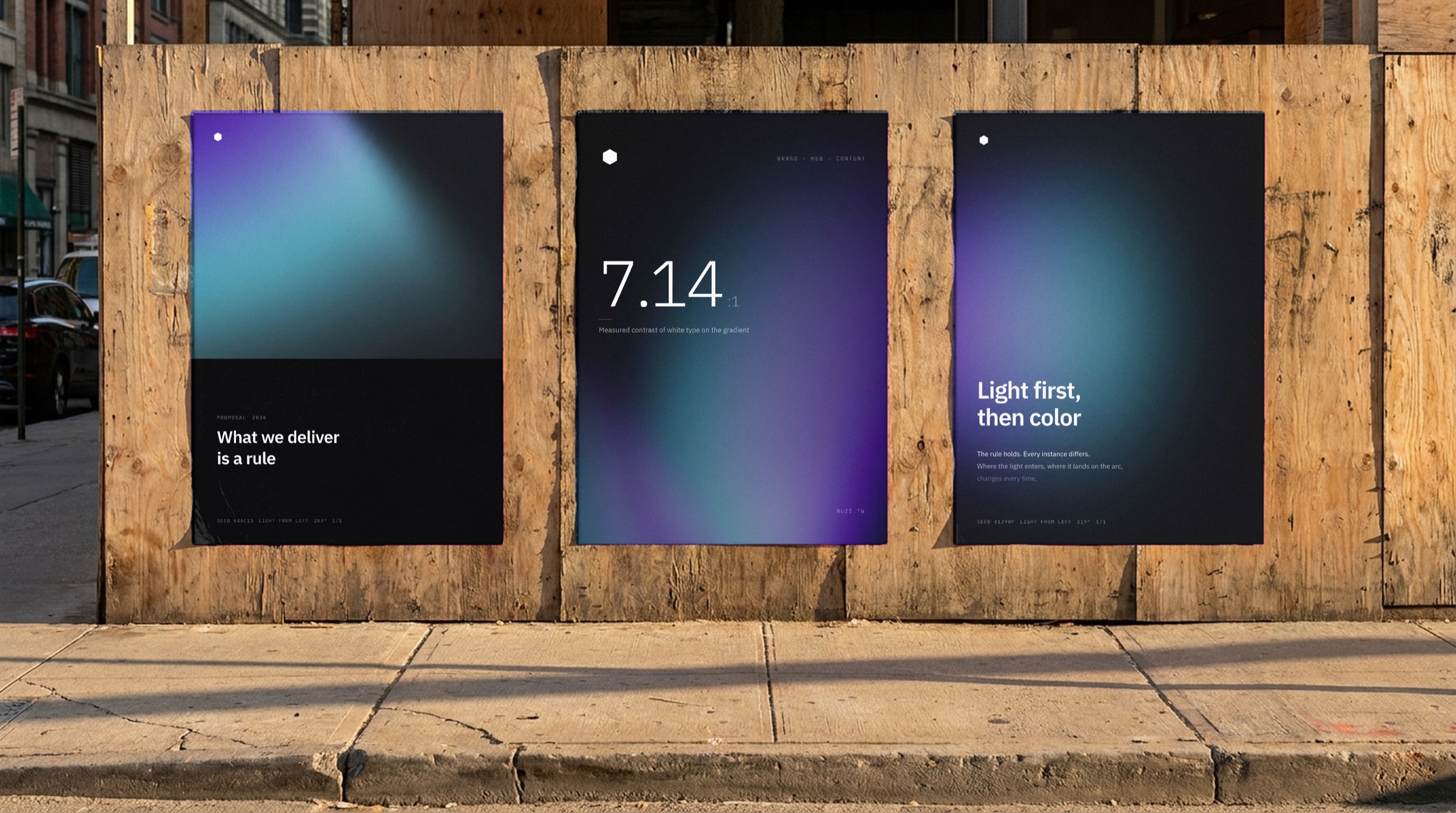 Print: three posters on a wall