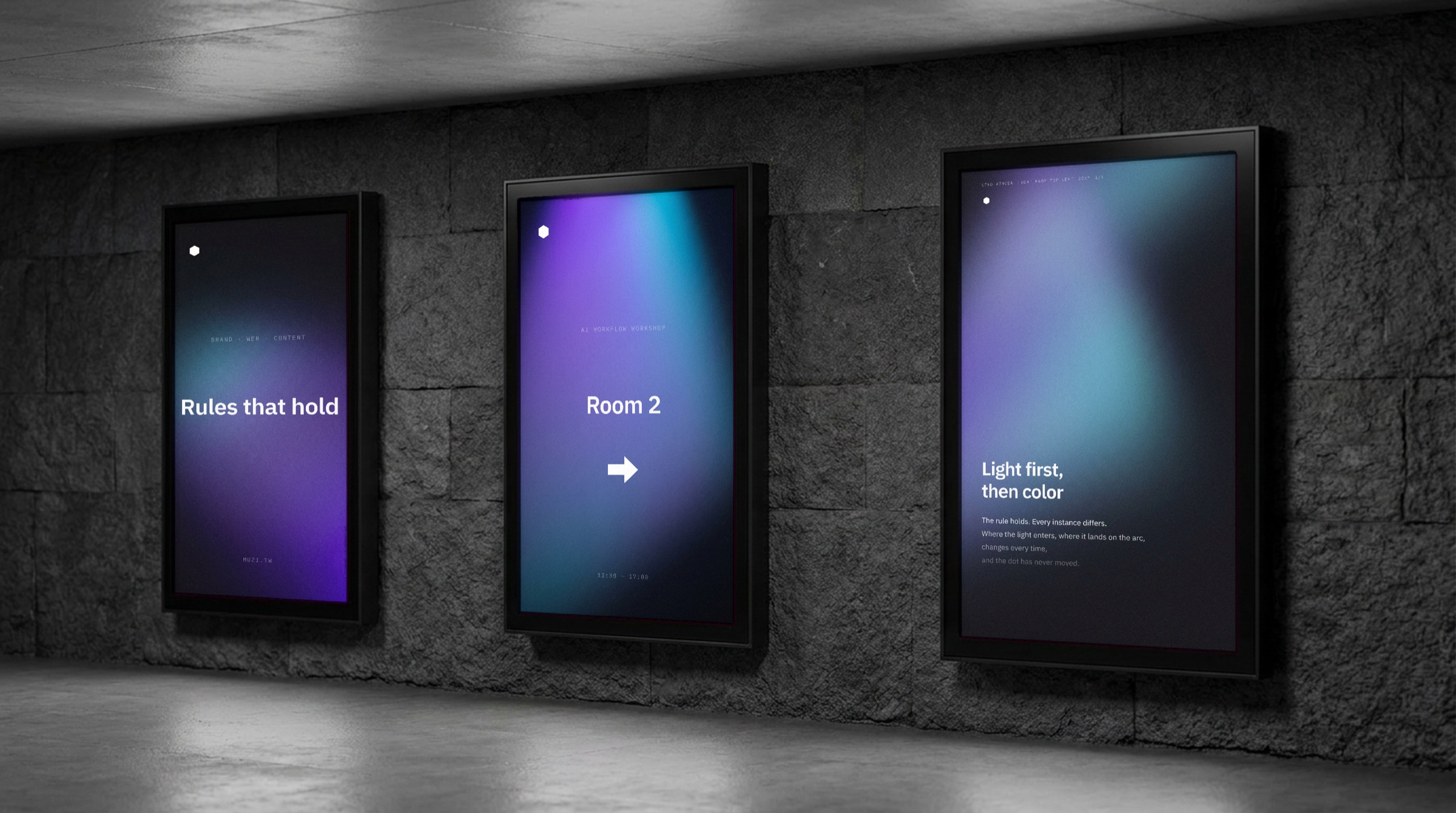 Print: three lightboxes in an underpass