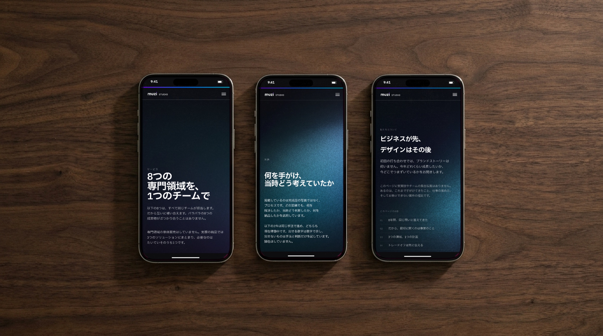 スマートフォンの3ページ:サービス・実績・私たちについて