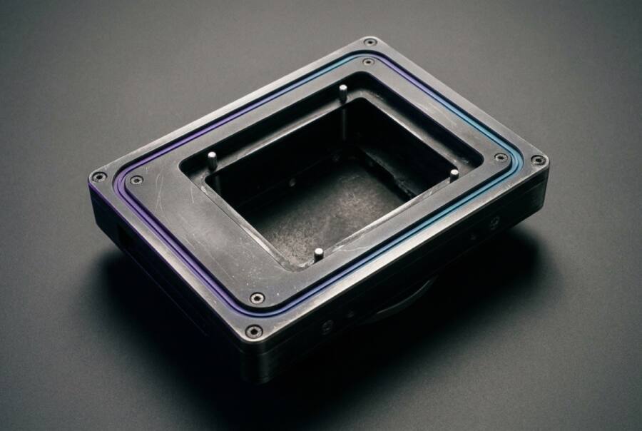 A metal tray with an intact outer frame and a hollow center