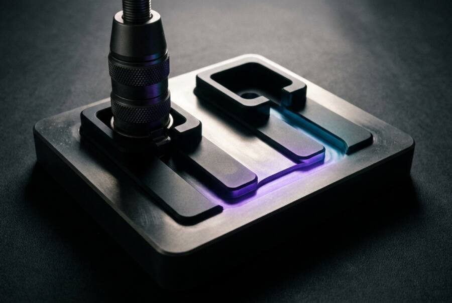 Two sockets on a black base, with a plug in one of them