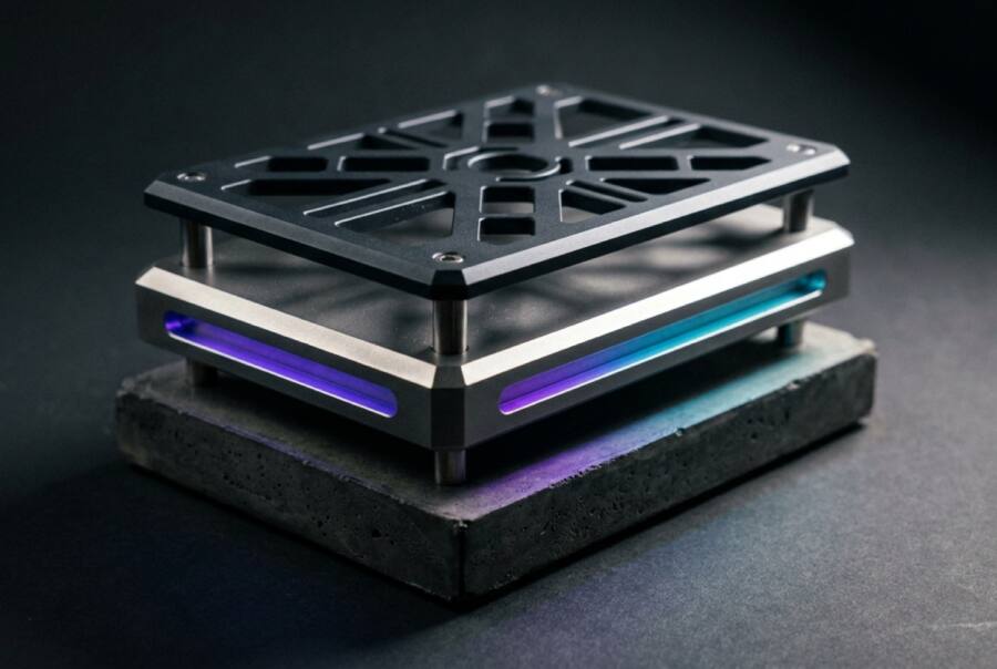 A metal grid resting on a stone slab