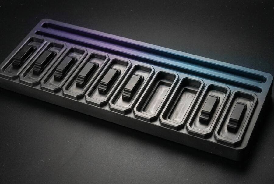 A metal storage tray divided into a row of small compartments
