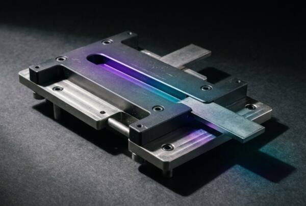 金屬治具上一條發光的滑軌與夾塊